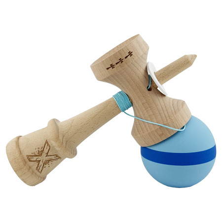 Kendama X Originala, Profesionala, Cyrax, Cupe Mari KING SIZE V3, Rubber Grip, Gaura in Baza, Rulment Metalic, din lemn 18 cm, Ata 62/65 cm, M Bleu/Albastru/Bleu