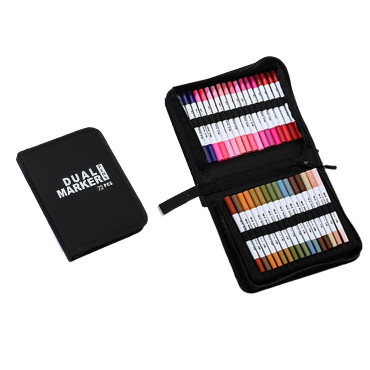 Set Carioci pe Baza de Apa, Cyrax, 2 in 1, pentru Pictura, Caligrafie, 72 Culori, Penar Negru, Corp Carioca Alb, 24.5 x 18.5 x 5 cm, Multicolor