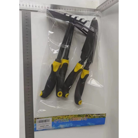 Set 4 Unelte de Gradina  pentru Plantare, Prelucrare Sol si Ingrijire Plante, Material PVC Carbon, Grebla, Sapaliga cu Cap Dublu, Lopata Mica, Lopata Lata, 43 x 11 cm, Negru/Galben