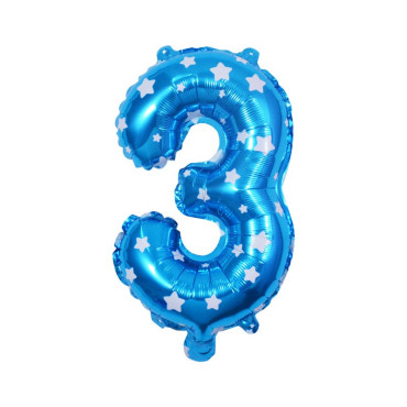 Balon din Folie Metalizata Cyrax, Figurina Cifra, Imprimeu Stele, Tema Aniversare 80 cm, Ambalaj Individual, Pai inclus, Umflare cu Aer sau Heliu, Albastru, Cifra 3
