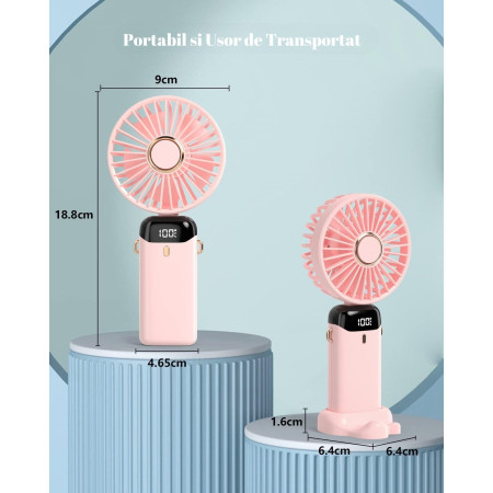 Ventilator Ultra Portabil cu Aromaterapie,  3 in 1, de Mana, de Birou, de Gat, 5 Trepte de Viteza, Incarcare USB, Autonomie 12h, Pliabil, cu Ecran LCD, Roz