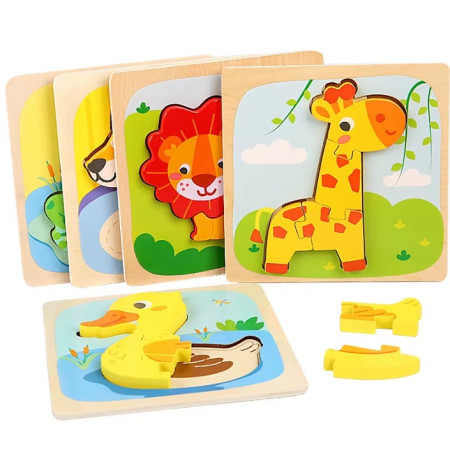 Puzzle Montessori din Lemn pentru Copii, Cyrax, 3D, 0-3 Ani, Model Leu, Educativ, Intuitiv, Creativ, 3 Piese, 15x15x0.5 cm, Multicolor
