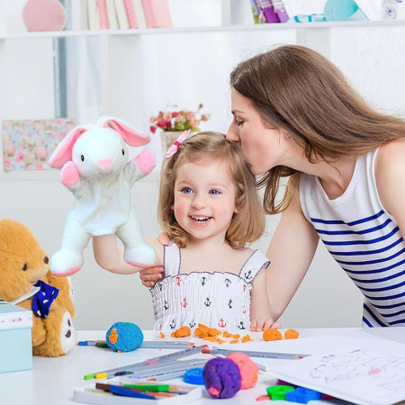 Papusa de Mana pentru Teatru de Papusi, Cyrax, din Plus, 25 x 10 x 8 cm, Model Iepure, Alb/Roz