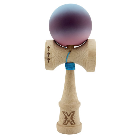 Kendama X Originala, Profesionala, Cyrax, Big Cups V2, Rubber Grip cu Cupe Mari, Rulment Metalic cu Ata 55 cm, Gradient Albastru/Mov/Roz