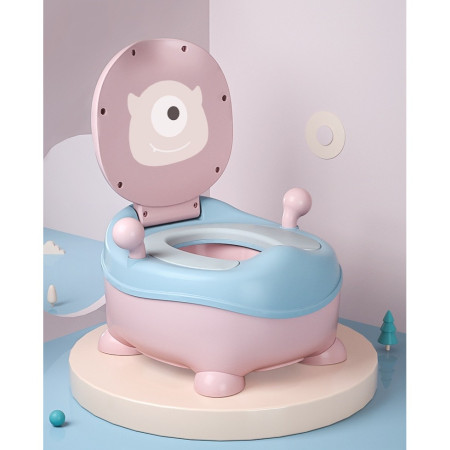 Olita pentru Copii, Cyrax, +6 luni, Compartiment Detasabil, cu Capac, Antiderapanta, din Plastic, Colac Moale, Model Animat Ciclop, cu Maner, 33 x 21 x 45 cm, Albastru/Roz