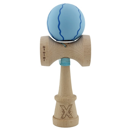 Kendama X Originala, Profesionala, Cyrax, Rubber Grip, Cupe Mari KING SIZE V3, Gaura in Baza, Rulment Metalic, din lemn 18 cm, Ata 62/65 cm, Special Albastru deschis