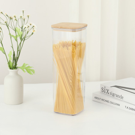 Cutie de Depozitare Alimente, Cyrax, Cutie de tip Container, Cutie pentru Cereale, din Plastic, Capac din Bambuc, 10 x 10 x 30 cm, Volum 1.9 l, Transparent