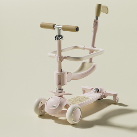 Trotineta Tip Carucior pentru Copii 7in1, Cyrax, Pliabila, Ghidon Reglabil, Parti Detasabile, Lumini LED, Muzica, Suport pentru picioare, Roz