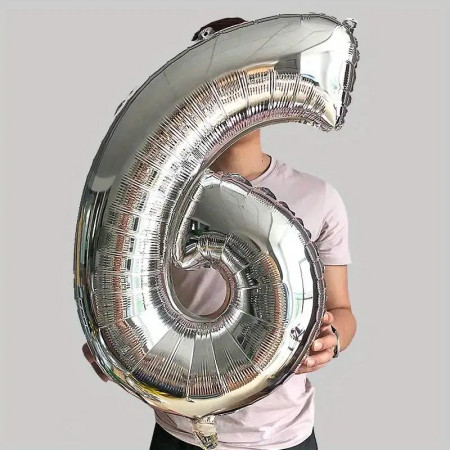 Balon din Folie Cyrax, Cifra 6, 81 cm, Pentru Aer sau Heliu, Bulk, Argintiu