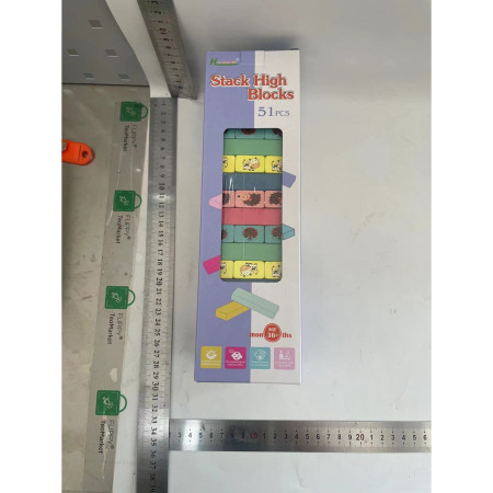 Joc de Societate, Cyrax, pentru Copii, din Lemn, Interactiv, Distractiv, Jenga Stack High Blocks, cu Zar, 51 de Piese Animate, 24.5x18x5 cm, Multicolor