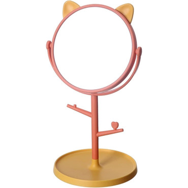 Oglina Cosmetica cu Picior, Cyrax, HD, Rotire 360 Grade, 15 cm Diametru, Suport Bijuterii Baza Rotunda + 2 Brate, Model cu Urechi, 31 x 14.5 x 15 cm, din Plastic, Portocaliu/Galben