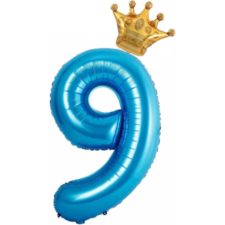 Balon din Folie Metalizata Cyrax, Figurina Cifra si Coroana, Tema Aniversare 100 cm, Ambalaj Individual, Pai inclus, Umflare cu Aer sau Heliu, Albastru, Cifra 9