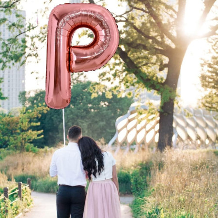 Balon Folie Metalizata Litera P, Cyrax, 80 cm, Umflati cu Heliu sau Aer, Ambalaj Individual, Pai inclus, Rose Gold