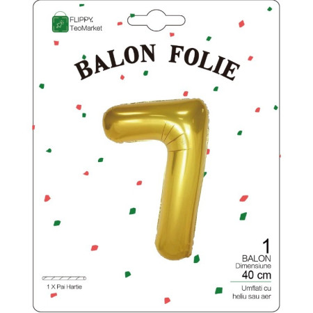 Balon din Folie Metalizata Cyrax, Figurina Cifra, Tema Aniversare 40 cm, Ambalaj Individual, Pai inclus, Umflare cu Aer sau Heliu, Auriu, Cifra 7