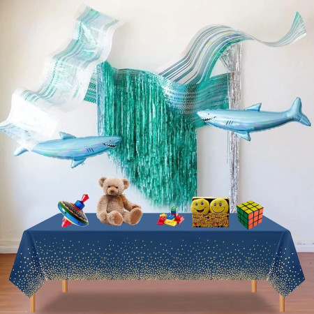 Fata de Masa, Cyrax, din PEVA, Imprimeu Buline Aurii, 137 x 274 cm, Impermeabila, Fara Pete, Curatare Rapida, Albastru Inchis