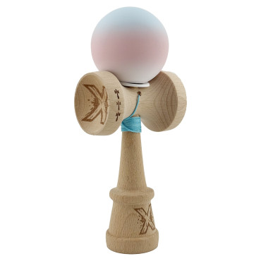 Kendama X Originala, Profesionala, Cyrax, Cupe Mari KING SIZE V3, Rubber Grip, Gaura in Baza, Rulment Metalic, din lemn 18 cm, Ata 62/65 cm, Gradient Albastru deschis/Roz/Alb