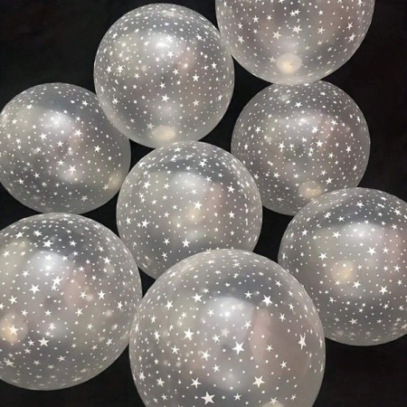 Set 10 Baloane din Latex Transparente, Cyrax, Model Party, 30 cm, Stelute Albe, 2.8 g