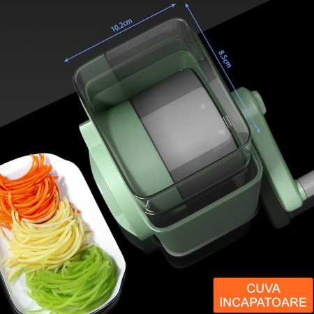 Feliator manual pentru legume Cyrax, 3 lame din otel inxodabil, 3 tipuri de feliere, material carcasa ABS, latime maxima feliere 4 mm, baza de tip ventuza, usor si sigur de utilizat, 28.5 x 9,2 x 13.5 cm, verde