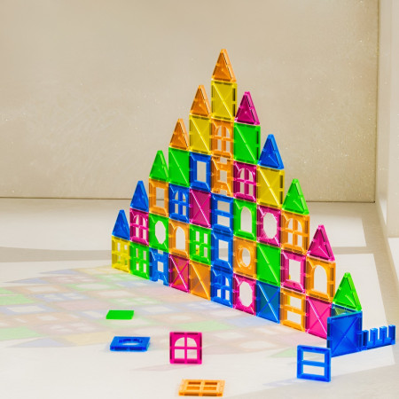 Set 32 Piese Magnetice de Constructie, Cyrax, Piese 5.5 cm, Magnetic Tiles, Forme Geometrice, 3 Ani, ABS, Magnet, 20.5 x 14.5 x 12 cm, Multicolor