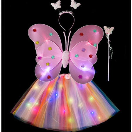 Costum Fluturas cu Aripi Modelabile Luminoase pentru Copii, Cyrax, Fusta din Tul cu Lumini, Bagheta si Bentita, 4 piese, Pentru Halloween, Roleplay, Craciun, Carnaval, Paste, Ziua Copilului, Bumbac/Poliester, Marime universala, Curcubeu