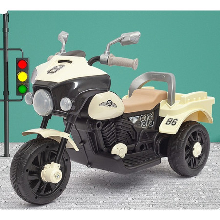 Motocicleta Electrica Cyrax, cu Acumulator, cu Sistem Anti-Rasturnare, Sistem de Lumini si Muzica, Cutie de Depozitare, 1-8 Ani, 93 x 43 x 58 cm, Alb - Bej