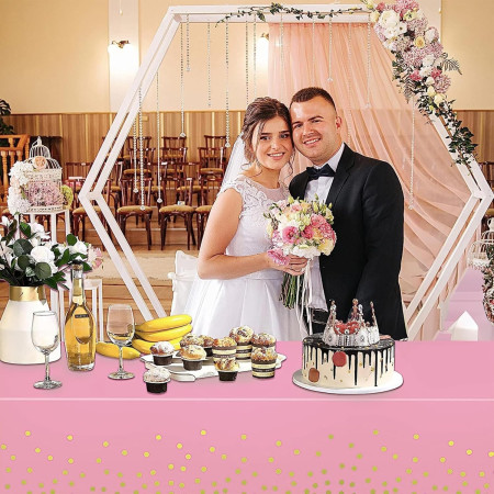 Fata de Masa, Cyrax, din PEVA, Imprimeu Buline Aurii, 137 x 274 cm, Impermeabila, Fara Pete, Curatare Rapida, Roz