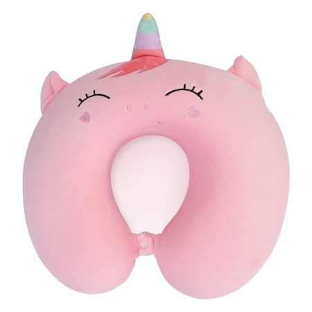 Perna de Calatorie in Forma de U,  Pentru Gat si Cap, Umplutura din Spuma cu Memorie, 30x30 cm, Model Unicorn, Accesoriu de Voiaj, Birou, Masina, Sistem Prindere Capse, Roz