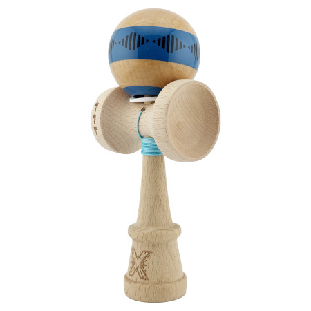 Kendama X Originala FREQUENCY, Profesionala, Cyrax, Cupe Mari KING SIZE V3, Super Sticky, Gaura in Baza, Rulment Metalic, din lemn 18 cm, Ata 55 cm, Albastru/Maro