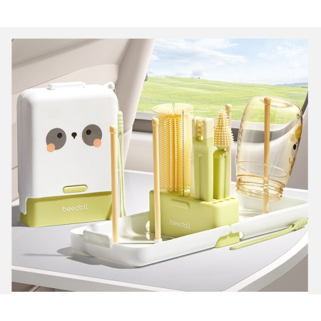 Set 7 Piese de Spalat/Uscat Biberoane, Cyrax, Portabil, Peri de Silicon, pentru Tetine, Suzete, Biberoane, Paie, Cutie Inclusa, 16.8 x 12 x 5 cm, Model Panda, Verde