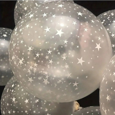 Set 10 Baloane din Latex Transparente, Cyrax, Model Party, 30 cm, Stelute Albe, 2.8 g