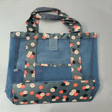 Geanta de Plaja, Cyrax, din Plasa Transparenta, Imprimeu Floral, 43 x 10 x 33 cm, Model pentru Umar, Lungime Inferioara 33 cm, Albastru