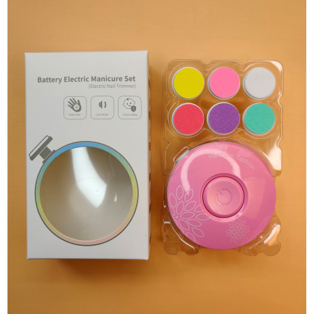 Set Pila Electrica cu Baterie, Cyrax, pentru Copii si Bebelusi, din ABS, 6 Accesorii, Model cu Flori, 6.5 x 1.8 cm, Roz