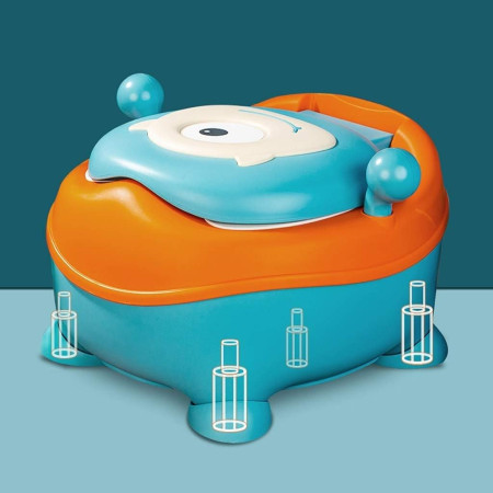 Olita pentru Copii, Cyrax, +6 luni, Compartiment Detasabil, cu Capac, Antiderapanta, din Plastic, Colac Moale, Model Animat Ciclop, cu Maner, 33 x 21 x 45 cm, Albastru/Portocaliu