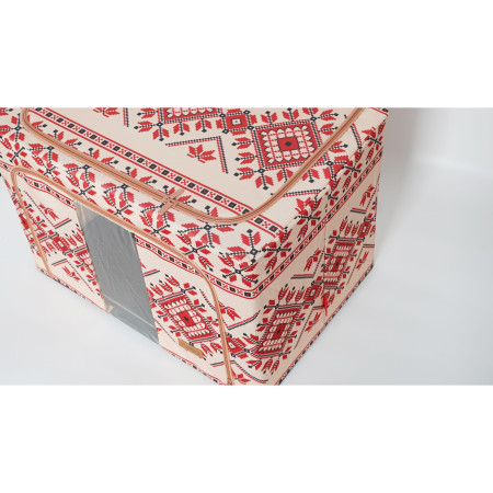 Cutie de Depozitare Pliabila, 100 L din Bumbac si In, 60X42X40 cm, Fereastra Frontala, 2 Usi de Acces cu Fermoar Bidirectional, Cadru Metalic, Suport Baza Stabil din Plastic, Motiv Traditional Model 2