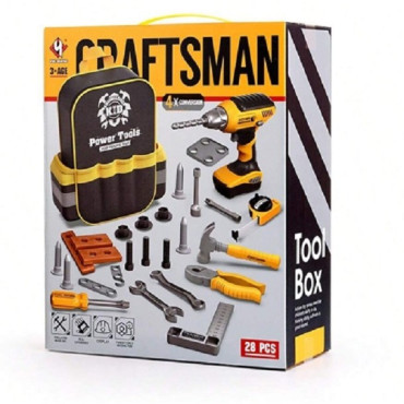 Set Scule de Jucarie pentru Copii, Cyrax, Ghiozdan cu Bormasina si Accesorii Incluse, 28 Piese, Material Plastic Durabil, Interactiv, +3 Ani, 30.5x25x11 cm, Negru/Portocaliu