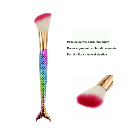 Set 3 Pensule pentru Machiaj Cyrax, in Forma de Sirena, Electroplacate, Detalii Fine, Maner Ergonomic, Peri din Fibra Moale, Multicolor