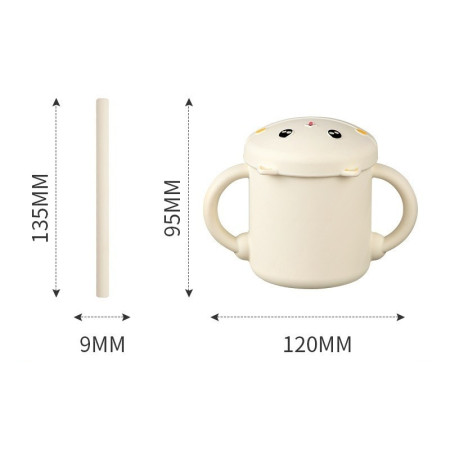 Set 2 Piese Hranire Bebelusi si Copii, Cyrax, Cana cu Capac si Pai, din Silicon, fara BPA, de la 12 Luni, Model Pisicuta, 12 x 9.5 x 11 cm, Bej