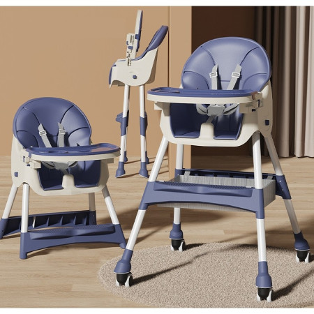 Scaun de masa pentru bebelusi si copii Cyrax, cu roti, telescopic, pliabil, masuta reglabila, suport picioare, scaun invelis piele artificiala, centura siguranta, spatiu depozitare, 97 x 73 x 65 cm, albastru