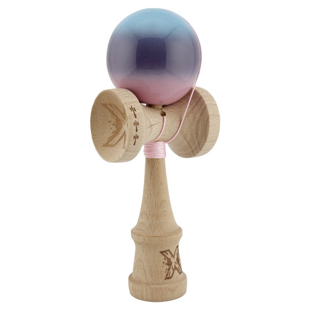 Kendama X Originala, Profesionala, Cyrax, Big Cups V2, Super Sticky cu Cupe Mari, din lemn 18 cm, Rulment Metalic cu Ata 55 cm, Albastru/Mov/Roz
