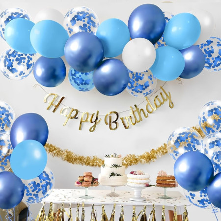 Set 16 Baloane din Latex Metalizate, Cyrax, Model Party, 30 cm, Alb, Albastru, Albastru Chrome, Transparent Confetti 2.8 g