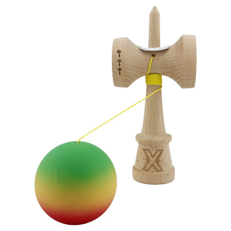 Kendama X Originala, Profesionala, Cyrax, Cupe Mari KING SIZE V3, Rubber Grip, Gaura in Baza, Rulment Metalic, din lemn 18 cm, Ata 62/65 cm, Gradient Verde/Galben/Rosu