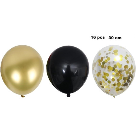 Set 16 Baloane din Latex, Cyrax, Model Party, 30 cm, Auriu, Negru, Confetti, 2.8 g