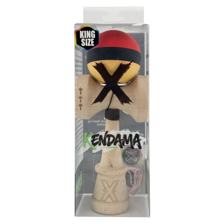 Kendama X Originala, Profesionala, Cyrax, Cupe Mari KING SIZE V3, Rubber Grip, Gaura in Baza, Rulment Metalic, din lemn 18 cm, Ata 62/65 cm, M Rosu/Negru/Galben