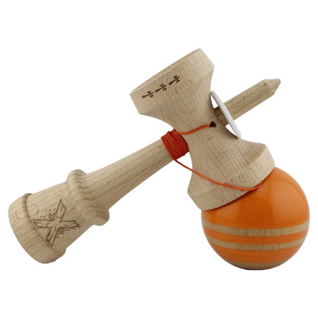 Kendama X Originala RAINBOW, Profesionala, Cyrax, Cupe Mari KING SIZE V3, Super Sticky, Gaura in Baza, Rulment Metalic, din lemn 18 cm, Ata 55 cm, Portocaliu/Maro