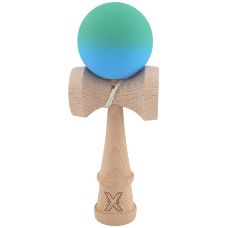 Kendama X Originala, Profesionala, Cyrax, din Lemn, Rubber Grip, 18 cm, Verde/Albastru