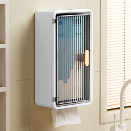 Organizator Cosmetice,  Montare pe Perete fara Perforare, 36.5x10.9x20 cm, din PP si ABS, Alb-Negru, Usa Transparenta