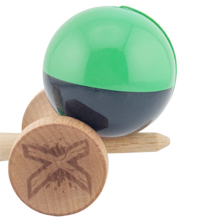 Kendama X Originala, Profesionala, Cyrax, Big Cups V2, Super Sticky cu Cupe Mari, Rulment Metalic, din lemn 18 cm, Ata 55 cm, Verde/Negru