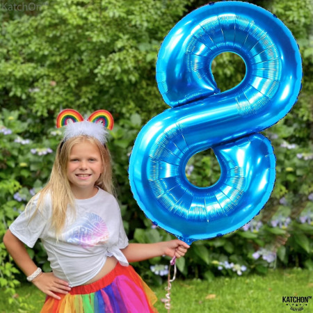 Balon din Folie Metalizata, Cyrax, Figurina Cifra, Tema Aniversare 100 cm, Ambalaj Individual, Pai inclus, Umflare cu Aer sau Heliu, Albastru, Cifra 8