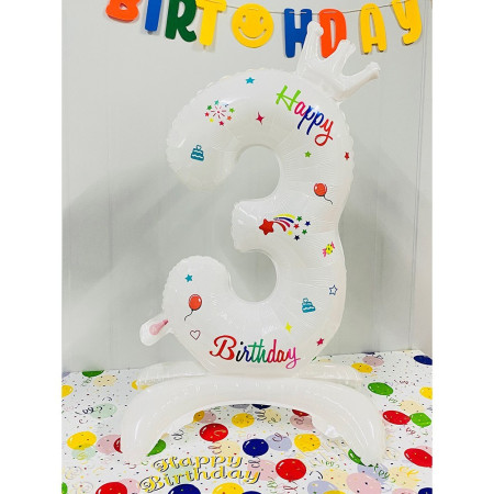 Balon din Folie Metalizata, Cyrax, Figurina Cifra, Model 3 cu Happy Birthday Scris, Tema Aniversare 81 cm, Ambalaj Individual, Pai Inclus, Umflare cu Aer sau Heliu, Alb