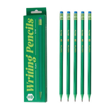 Set 12 Creioane Negre,  HB, pentru Scoala, cu Radiera, Model Verde-Albastru, 19 cm